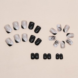 Press on Nails Short Square Fake Nails French Color Blocking False Nail with Black Leaf Designs Glossy Glitters Acrylic Nails Full Cover Glue on Nails Short Artificial Stick on Nails for Women 24 Pcs