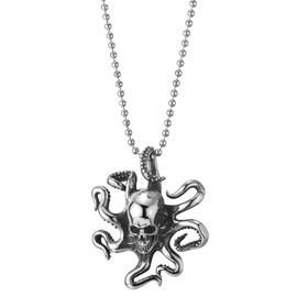 COOLSTEELANDBEYOND Stainless Steel Mens Womens Vintage Octopus Skull Pendant Necklace with 30 inches Ball Chain