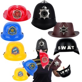Solrowasun 6 Pcs Plastic Helmets Hats Set including Police SWAT Engineer Firefighter British Cop Cowboy for Pretend Play Dress Up