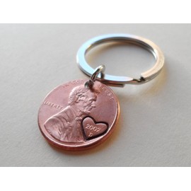 2002 Penny Keychain With Heart Around Year; Engraved Couples Keychain, 18 year Anniversary