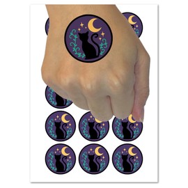 Cat Moon Stars Temporary Tattoo Water Resistant Fake Body Art Set Collection - 54 1" Tattoos (1 Sheet)