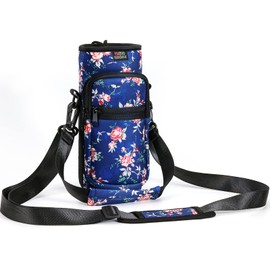 Nuovoware Bottle Holder Water Bottle Molle Bag, Insulated Neoprene Kettle with Adjustable Shoulder Strap and Front Zip Pocket for Hiking Running Cycling Hunting Travel, Blue Peony, Modern