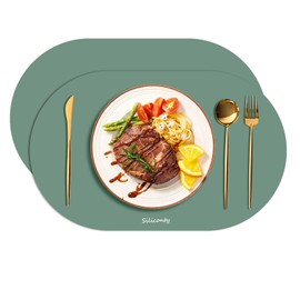 Silicone Placemats, Oval Silicone Placemats Set of 2. Heat-Resistant and Easy to Clean Siliconty Placemats, Foldable Placemats, Non-Slip Placemats for Table Protection. (2, Dark Green)