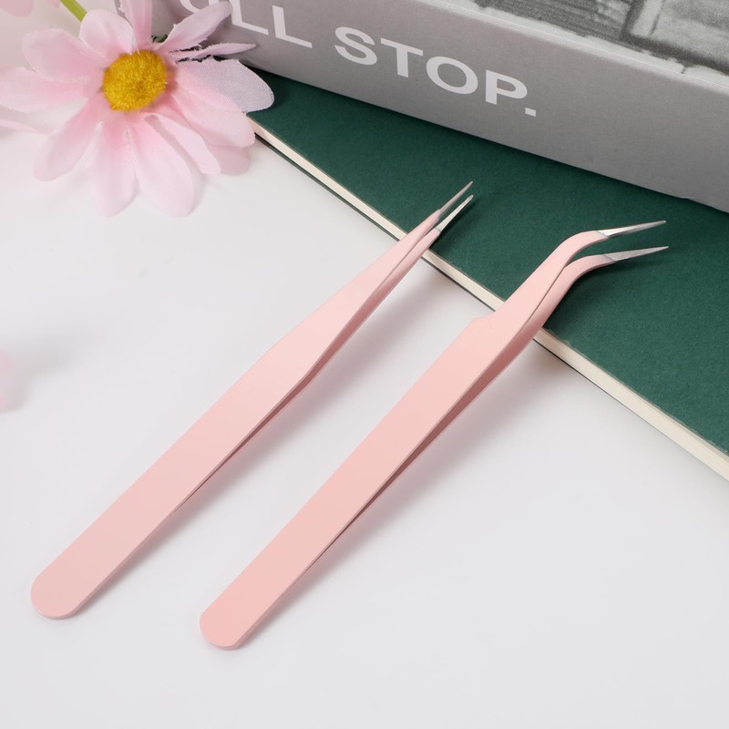 Guduling 2 Pcs Sticker Tweezers,Pink Tweezers,Stainless Steel Eyelash Tweezer for