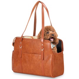 Lasaviin Dog Carrier Purse, Fashion Leather Pet Carrier with Pockets, Airline Approved Soft Sided Dog Carrying Bag for Puppy Cat Dog Brown