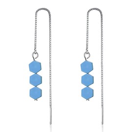 QIAMNI 925 Sterling Silver Blue Hexagon Needle Drop Threader Pull Through Earrings for Womens (Blue)