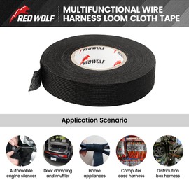RED WOLF Wire Loom Harness Cloth Tape Electric Self-Adhesive Fabric Tape High Temp for Automobile Electrical Harness Wrap Noise Damping Protection Insulation Cable Fixed 2 Rolls Black 3/5 Inch x 50FT