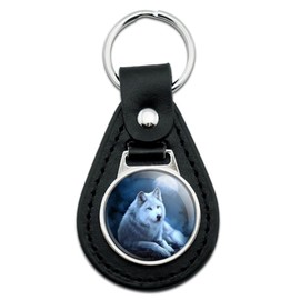 GRAPHICS & MORE White Wolf Moon Black Leather Keychain