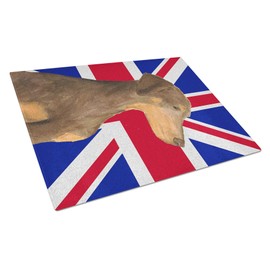 Caroline's Treasures SS4921LCB Doberman Natural Ears with English Union Jack British Flag Glass Cutting Board Large Decorative Tempered Glass Kitchen Cutting and Serving Board Large Size Chopping Boar