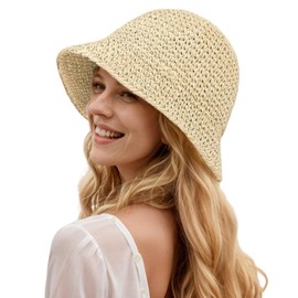 Womens Floppy Straw Sun Hat Packable Wide Brim Summer Beach Hat Foldable Crochet Bucket Hats (Begie 2)