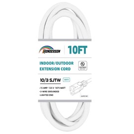 HONDERSON 10 FT 10/3 White Outdoor Extension Cord,10 Gauge SJTW Heavy Duty Extension Cable Waterproof with Lighted Indicator End,3 Prong Grounded Plug for Safety - UL Listed
