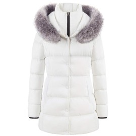 CREATMO US Women's Padded Thicken Coat Windproof Padded Warm Jacket With Removable Fur Hood White M