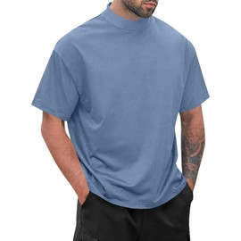 Wihion Men Turtleneck Mock Neck T Shirts Short Sleeve Ribbed High Neck Undershirt Thermal Tops Blue