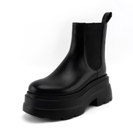 KaroNairy Women's Chelsea Boots Platform Ankle Booties Lug Sole Slip-On Short Boot Round Toe Boots Black 7