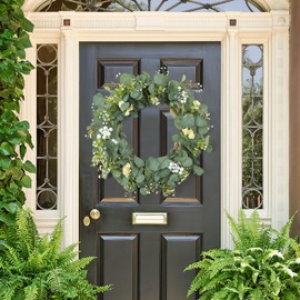 Dremisland Wreaths for Front Door 22'' Eucalyptus Wreath Spring Summer Green Wreath with White Berries for Home Porch Window Wall Farmhouse Home Decor All Seasons Decor