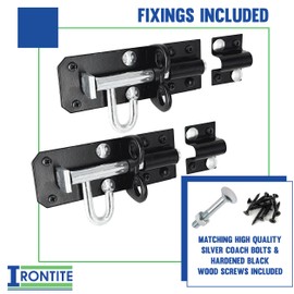 IRONTITE® 2 Pack Black Brenton Bolt Gate Bolt 100mm (4"), Ideal Door Bolt Lock for Gates, Sheds, Barns etc. Heavy Duty Gate Lock Bolts. Garden Gate Bolts for Wooden Gates Including Fixings.