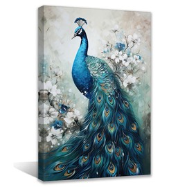 QIXIANG Elegant Peacock Canvas Paintings Art Animal Prints Bedroom Decor Framed Ready to Hang (Peacock, 16.00" x 24.00")