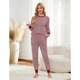 Becotal Soft Cotton Pajamas for Women Set Striped Long Sleeve Lounge Sets 2 Piece Pajama Tops and Jogger Pants with Pockets Sleep Shirts Wine Red XL