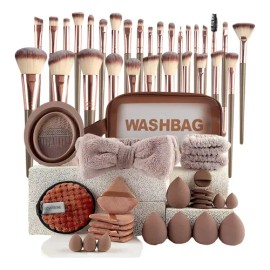 56pcs Brochas Maquillaje Profesional Esponjas Neceseres Rosa, Aplicacin De Maquillaje, Limpieza De Brochas, Maquillaje Facial                         