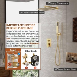 Kurpot Gold Shower System, 10'' Square Rainfall Shower Head with Handheld Combo Spray, Bathroom Brushed Gold Shower Faucet Set with Valve, 59'' Shower Hose, Shower Trim Kit and Diverter, Wall Mounted