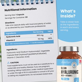 VitaBright Hyaluronic Acid Supplements | 300mg | Sodium Hyaluronate with Vitamin C | Pure Hyaluronic Acid Powder in Veggie Capsules | High Strength Tablets | Nutritional Supplements Made in Britain
