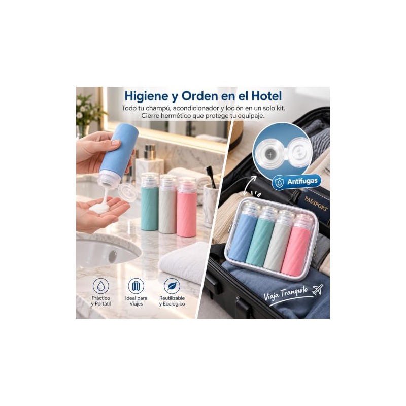 Juego de 4 Botellas de Silicona para Viaje, 90 ml,