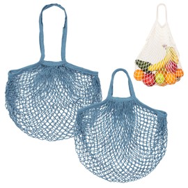 M METERXITY 2-Pack Cotton Mesh Bag, Reusable Washable Mesh Net String Grocery Bags, Reusable Produce Bags with Handle, Net Tote Bag for Fruits Shopping [Gray-Blue, Long&Short Handle]