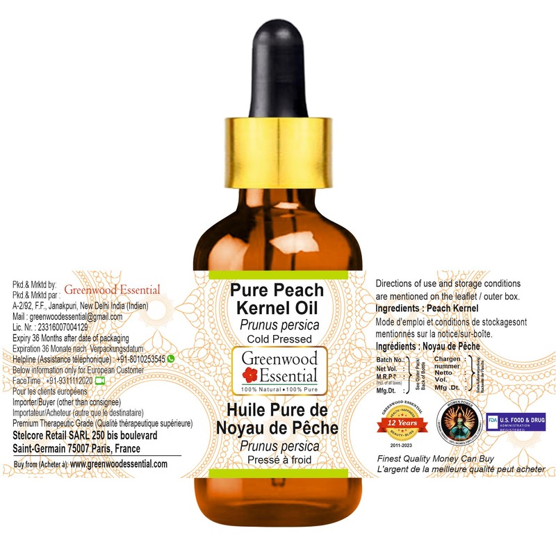 Greenwood Essential Pure Peach Kernel Oil (Prunus Persica) with Glass