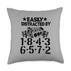 V8 Drag Racing & Funny Mechanic Gifts Men Women Easily Distracted by 1-8-4-3-6-5-7-2 Firing Order V8 Garage Throw Pillow, 18x18, Multicolor