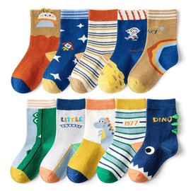 FedMois 10 Pairs Cotton Crew Socks Winter Socks for Kids, astronaut and dinosaur, 5-7 Years