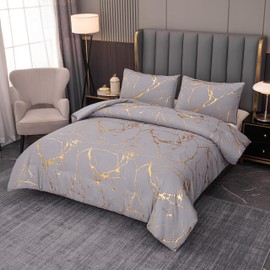 MWMWMW Gray Comforter Queen Size, Grey and Gold Marble Bedding Set, 3 Pcs Luxury Queen Size Comforter for Men Women Bedroom, Grey Comforter for Queen Size Bed with 2 Pillowcases