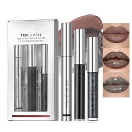 Peel Off Lip Liner Stain and Lip Gloss Comb Set,Long Lasting Waterproof Black Transferproof Lip Gloss Shine Liquid Lipstick Set,Matte Lip Tattoo Hydrating Lip Stains for Women (Black, 3Pcs/Set)