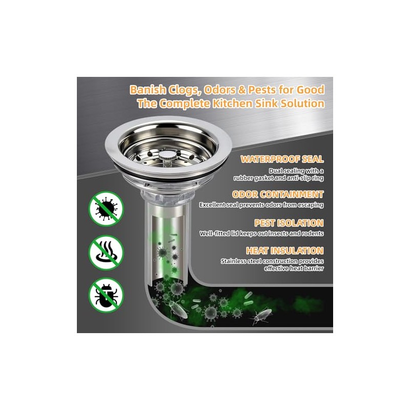 Kitchen Sink Drain Assembly, Stainless Steel Basket Strainer with Knob,