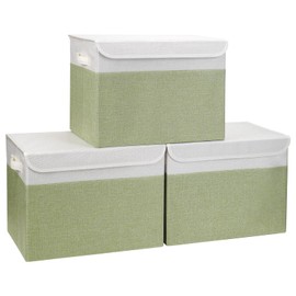 Large 17" 42 Quarts Collapsible Stackable Storage Bins with Lids [3-Pack] Foldable Fabric Linen Storage Boxes Cube, Closet Organizer Baskets with Label for Home (16.7 x 12 x 12, Green & White)