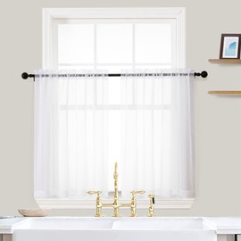 OVZME White Sheer Curtains 36 Inch Length Kitchen Tiers Short Voile Drapes Solid Sheers Cafe Curtain for Bathroom Small Half Window 2 Panels Set, Rod Pocket, 42" W x 36" L