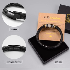 YELUWA To My Grandson Bracelet, Stainless Steel Braided Leather Bracelet Gift for Men Boy, Grandson Bracelet Gifts for Grandson Birthday Graduation Gifts for Him Men from Grandma Grandpa
