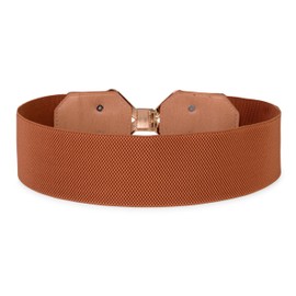 BlackButterfly Wide Elastic Cinch Stretch Waistband Retro Gold Bow Buckle Waist Belt (Light Brown, XL)