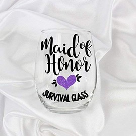 Funny Maid of Honor Proposal Gift Purple Unique Stemless Wine Glass Glitter for Her 0067