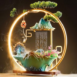 HSINYA Peacock Tabletop Water Fountains Indoor Waterfall Desktop Fountain for Meditation with Mist Japanese Fountain with Fake Plants Feng Shui Office Home Decor for Good Luck Wealth (Peacock)