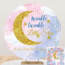 7.2x7.2ft Polyester Twinkle Twinkle Little Star Baby Shower Arch Round Backdrop Cover Gold Glitter Stars Colorful Clouds Gender Reveal Circle Photography Background Baby Shower Birthday Party Decor