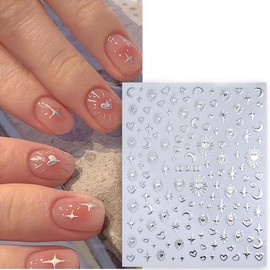 6 Sheets Star Nail Stickers for Nail Art 3D Self-Adhesive Sun Moon Nail Art Stickers Gold Silver Star Nail Decals Heart Design Nail Supplies Shiny Star Moon Nail Charm for Women Acrylic Manicure Decor