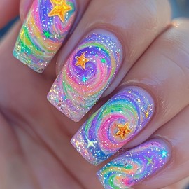 Gold Stars Press on Nails Long Square Fake Nails Colorful Sky Design Cute Full Cover Stick on Nail Summer Acrylic False Nails Glitter Glue on Nail for Women Decoration Manicure Supplies 24Pcs