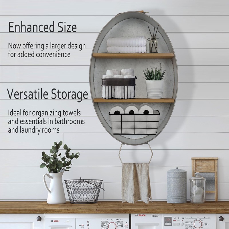 Oakrain Towel Rack with Wood Shelves, Galvanized Wash Tub Rustic