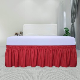 PureFit Wrap Around Ruffled Bed Skirt with Adjustable Elastic Belt - 18 Inch Drop Easy to Put On, Wrinkle Free Bedskirt Dust Ruffles, Bed Frame Cover for Queen, King and C-King Size Beds, Red