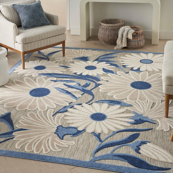 Nourison Aloha Indoor/Outdoor Blue/Grey 5'3" x 7'5" Area Rug, Easy Cleaning, Non Shedding, Bed Room, Living Room, Dining Room, Kitchen (5x7)