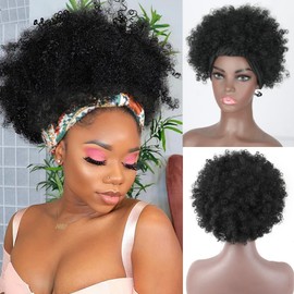 FBKDFCZS Afro Kinky Curly Wig Headband Wigs for Black Women Natural Black Glueless Afro Wigs with Headbands Attached Afro Curly Headband Wigs Synthetic Afro Scarf Wigs for Womens Afro Wigs, 4 Inch