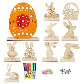 Qunkun Wooden Rabbits for Painting, Pack of 10 DIY Easter Bunny Decoration, Easter Craft Wood, Easter Bunny Children's Craft Sets, Easter Bunny, Wooden Chicken, Wooden Eggs with 12 Pens +
