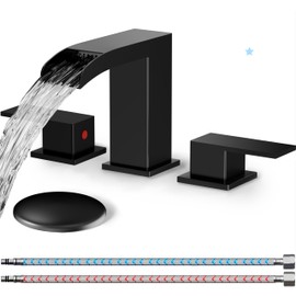 VVXLIV Bathroom Sink Faucet 3 Hole, Matte Black Waterfall Bathroom Faucets, 8 Inch Widespread Bathroom Sink Faucet with Pop-up Drain and Supply Lines, Two Handles for Vanity, Lavatory, Restroom
