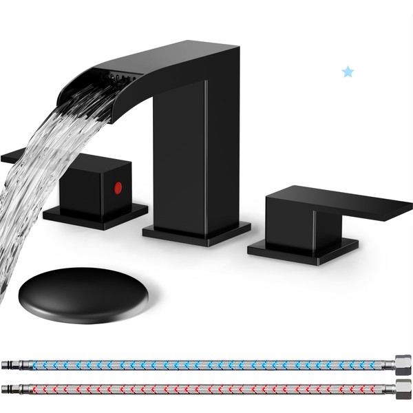 VVXLIV Bathroom Sink Faucet 3 Hole, Matte Black Waterfall Bathroom