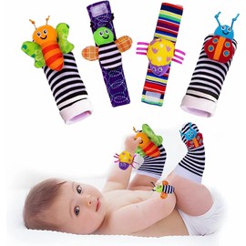 4 piezas Calcetines Sonajero y Pulsera,Sonido Estimulante Temprano y Colores Brillantes,Estimulacion Temprana para niños con Sonido y Colores Brillantes(Verde y azul)